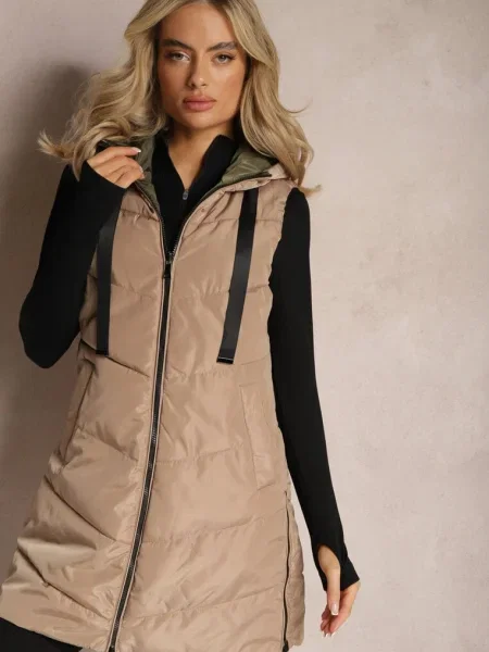 Închis Lungă Vestă Matlasată Reversibilă cu Șnururi la Glugă Frenila bej