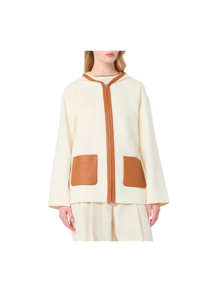 Krótka kurtka Max Mara Studio wełniana z kapturem biała