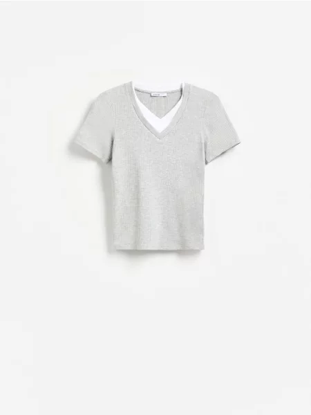 Reserved Tricou din tricot striat deschis gri