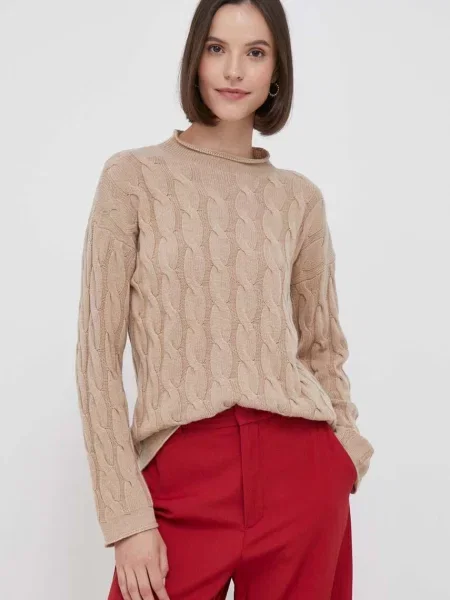 United Colors of Benetton pulover din amestec de lana femei bej cu turtleneck maro