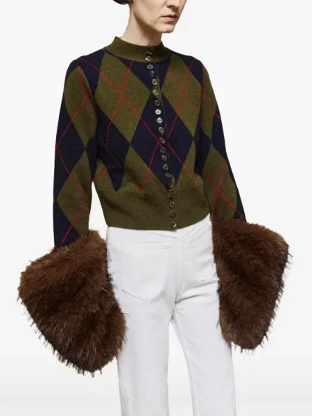 Cardigan A.w.a.k.e. Mode cu model argyle cu blană verde