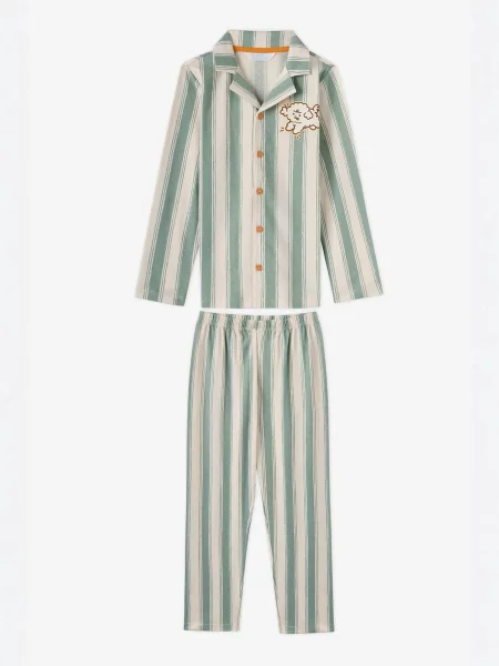 Penti Pidžama set PENTI Jungen Cute Friend Gestreiftes Knopf Langarm Hemd Hose Pyjama-Set pastelno zelena