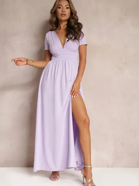 Rochie Mov Maxi cu Partea Inferioară în Cloș și Șliț Zarya