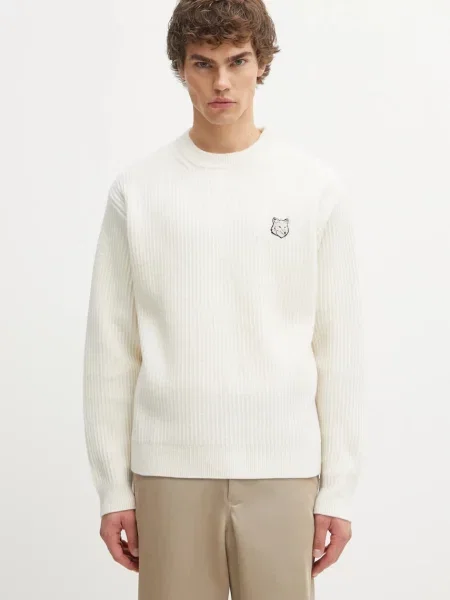 Maison Kitsuné pulover de lână Fox Head Wool Ribbed călduros bej
