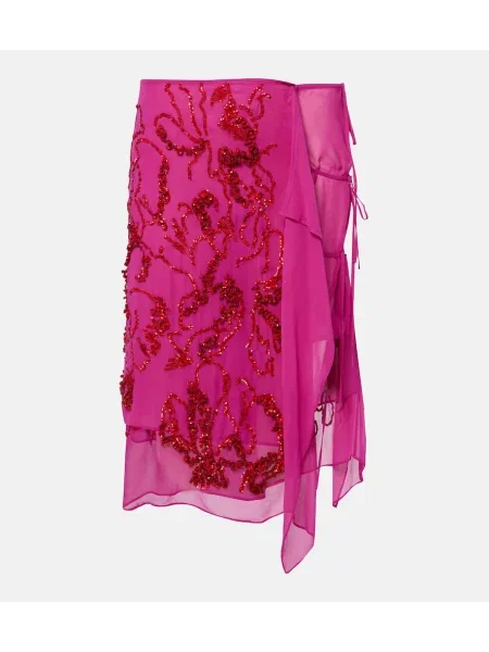 Fustă midi Dries Van Noten din șifon drapată până la genunchi roz