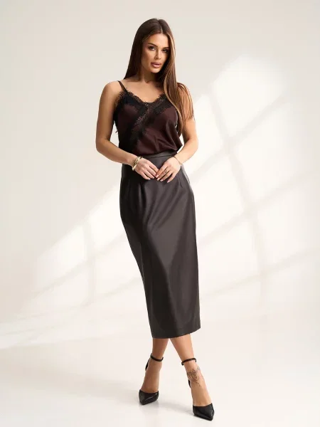 Спідниця міді ISSA Plus темно-коричневий екошкіра коричнева