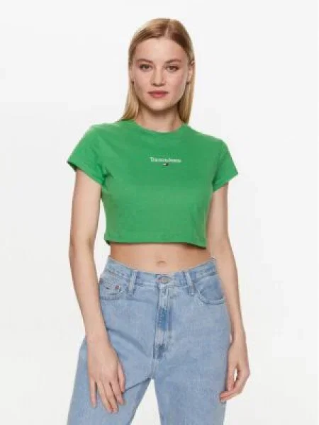 Tommy Jeans Tricou TJW BBY CRP ESSENTIAL LOGO 3 SS | Cropped Fit verde