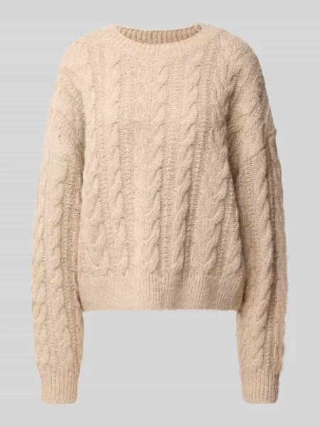 Sweter z dzianiny o kroju oversized ze ściegiem warkoczowym Review beżowy