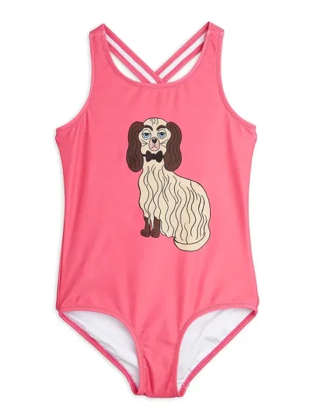 Mini Rodini Jednodílné dětské plavky Dashing dog růžové