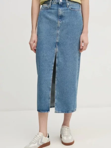 Дънкова пола Calvin Klein Jeans дълга със стандартна кройка синьо
