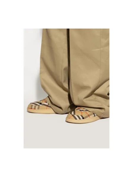Sneakersy Burberry w kratę z nadrukiem skórzane beżowe