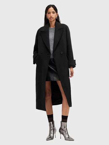 AllSaints palton din lana MABEL COAT de tranzitie cu doua randuri de negru