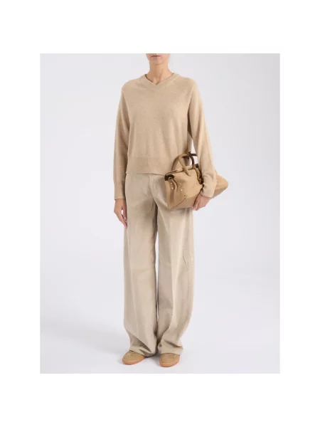 Sweter Weekend Max Mara z kaszmiru z dekoltem w serek beżowy