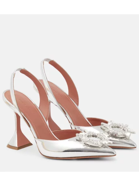 Pantofi cu toc Amina Muaddi din piele slingback argintiu