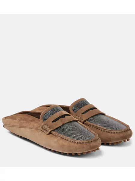 Papuci tip mules Brunello Cucinelli din piele de căprioară maro