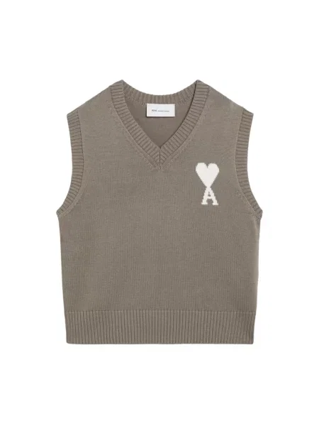 Sweter Ami Paris z dekoltem w serek beżowy