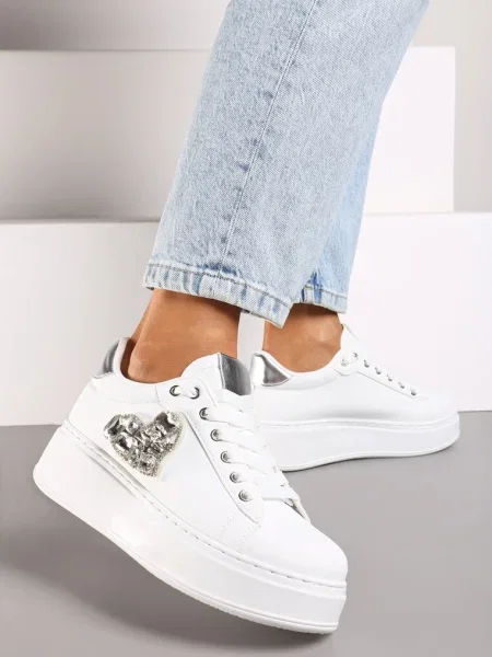 Biało-Srebrne Sneakersy na Grubej Platformie z Cyrkoniową Naszywką w Kształcie Serca Remila białe
