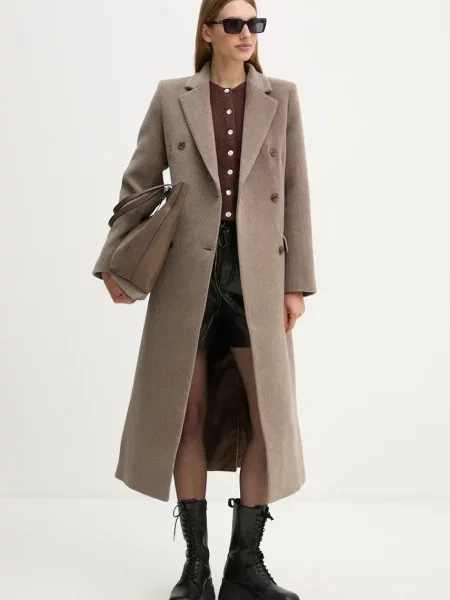 Samsoe Samsoe płaszcz wełniany brązowy przejściowy dwurzędowy