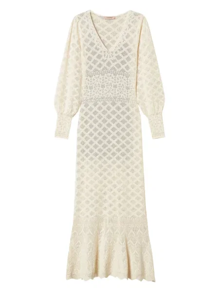 Rochie maxi Twinset cu model floral tricotate de costum alb