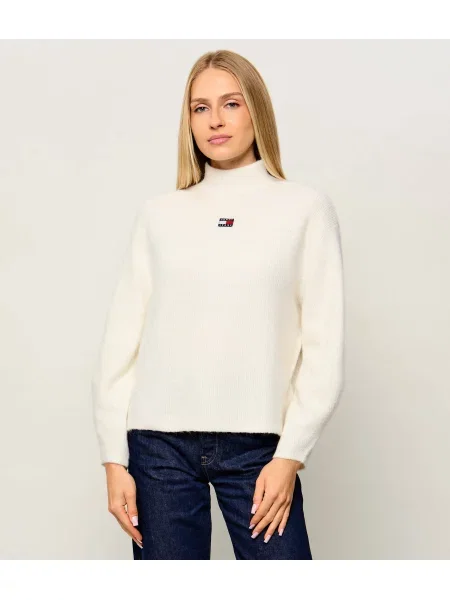 Pulover Tommy Jeans de lână cu guler înalt bej