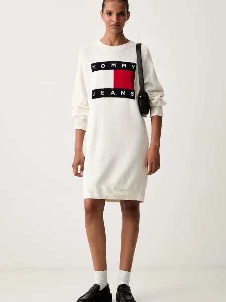 Tommy Jeans pletena obleka z dodatkom volne bež