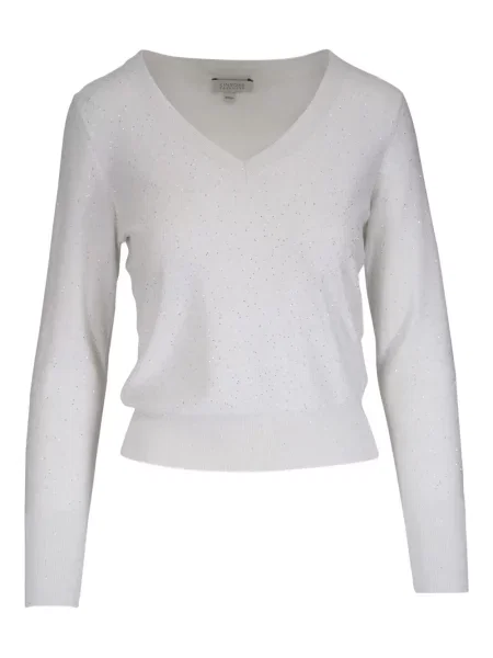 Pulover Kinross Cashmere din cașmir cu decolteu în V alb