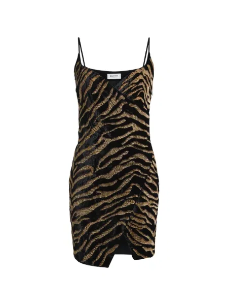 Rochie Balmain cu broderie de catifea cu dungi de tigru negru