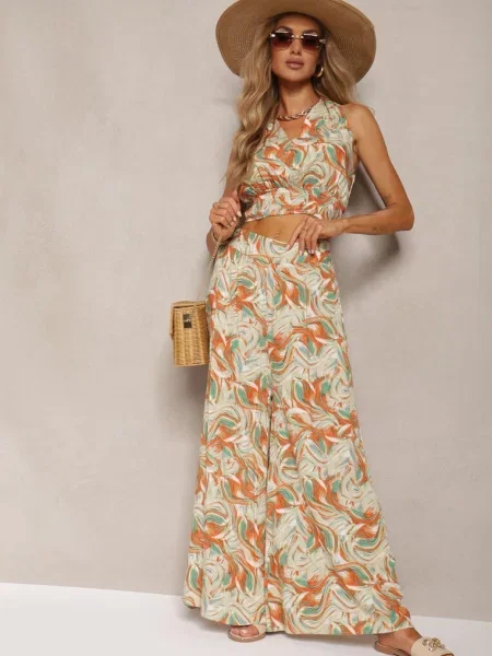 Pomarańczowo-Zielony Komplet Boho z Bawełny Krótki Top na Ramiączkach z Gumką Szerokie Spodnie Rasida zielone