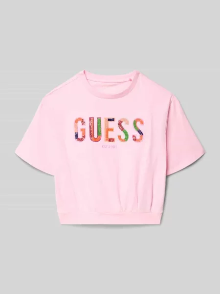 Oversized t-shirt z cekinowym i obszyciem perłami Guess różowa