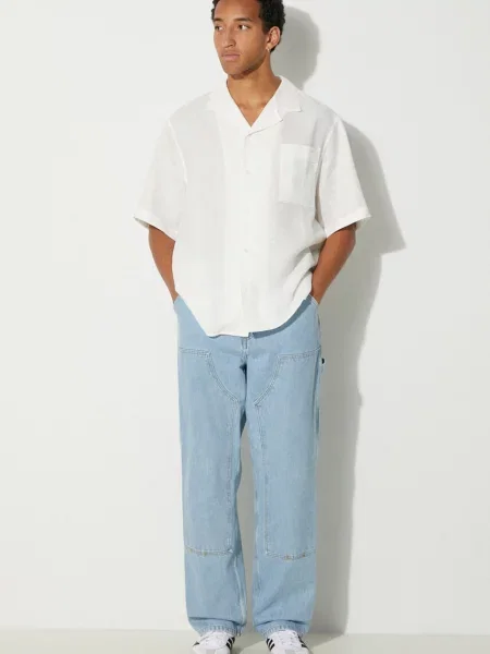 Πουκάμισο από λινό Pangaia DNA Linen Camp Collar Shirt άσπρο λευκό
