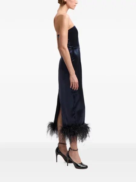 Rochie midi 16arlington de catifea cu pene albastru
