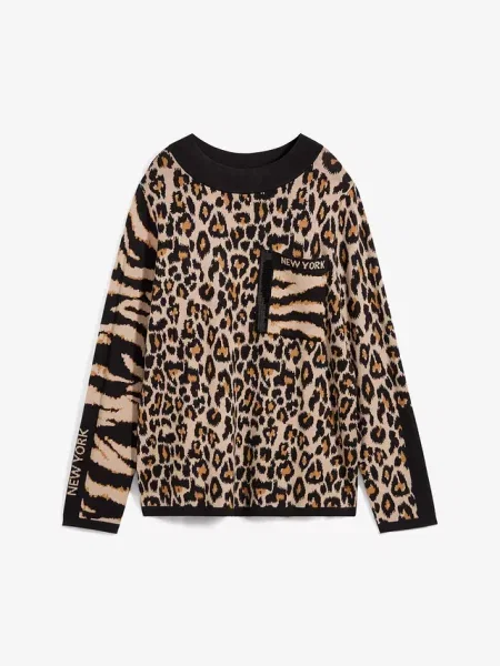 Sweter z cienkiej dzianiny ze zwierzęcym nadrukiem beżowy