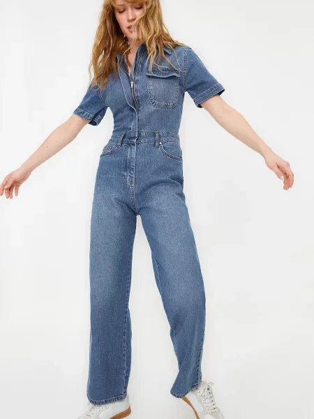 Salopetă de blugi Trendyol cu mâneci scurte albastru