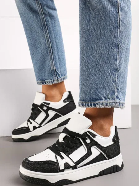 Sneakers Negru-Alb cu Petice din Denim Cliome alb
