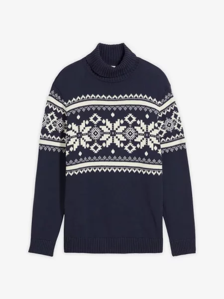Sweter z golfem w norweski wzór z czystej bawełny niebieski