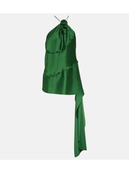 Top Victoria Beckham din satin cu model floral drapat verde