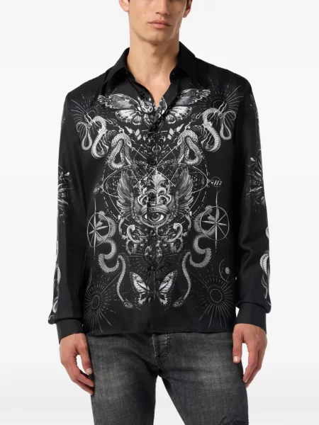Cămașă Philipp Plein de mătase cu imagine negru