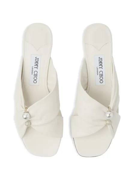 Papuci tip mules Jimmy Choo cu perle din piele alb