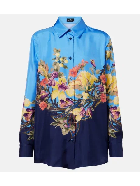 Cămașă Etro de mătase cu model floral albastru