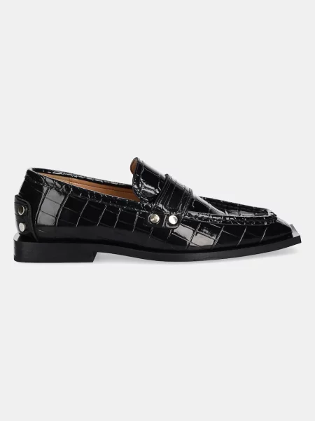 GANNI mokasyny Studs Square Toe Loafer Shiny Croco na płaskim czarny