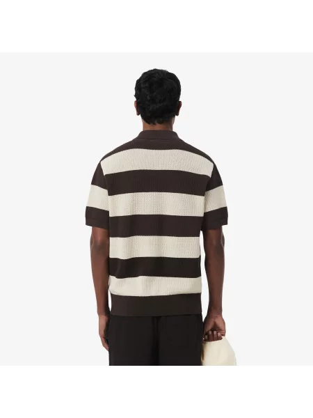 Lacoste Sweter Z Kołnierzykiem Polo Z Krótkim Rękawem W Paski Classic Fit brązowy