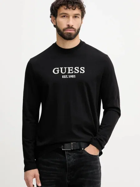 Тениска с дълъг ръкав Guess с апликация черно