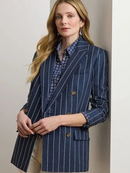 Сако с лен Lauren Ralph Lauren с двуредно закопчаване с десен тъмносиньо