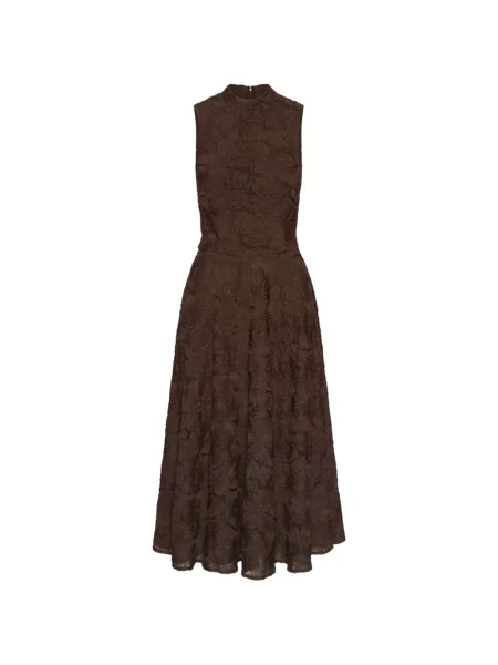 Rochie midi Rotate Birger Christensen fără mâneci cu model floral din jacard maro