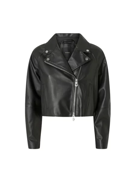 Krótka kurtka skórzana Pinko biker czarna