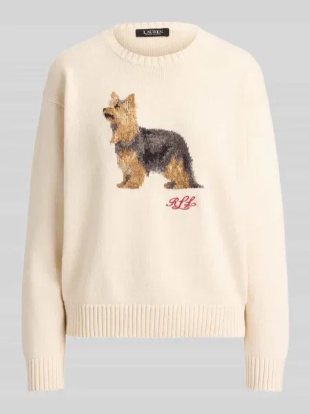 Sweter z intarsją z motywem psa z czystej bawełny Lauren Ralph Lauren beżowy
