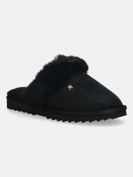 Tommy Hilfiger papuci din piele TH SHEARLING HOUSE SHOE negru