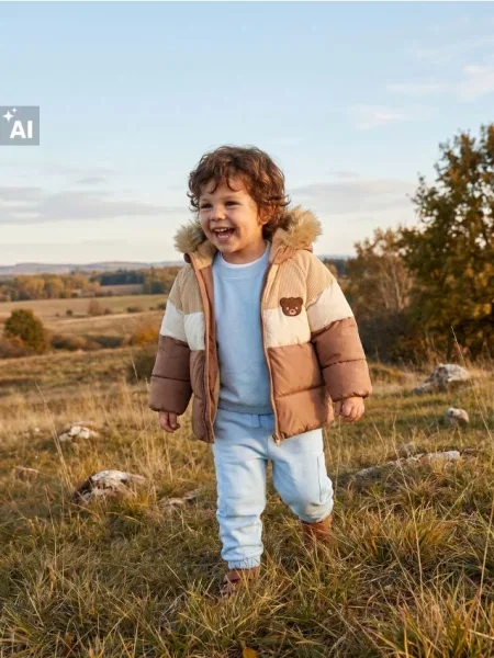 Sinsay Prošívaná puffer bunda s kapucí a motivem medvídka vícebarevná