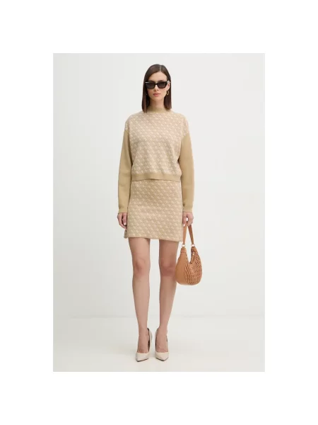 Sweter krótki z dzianiny z okrągłym dekoltem Guess beżowy