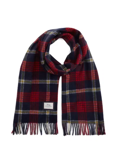 Fular Tommy Hilfiger cu franjuri de lână în carouri albastru